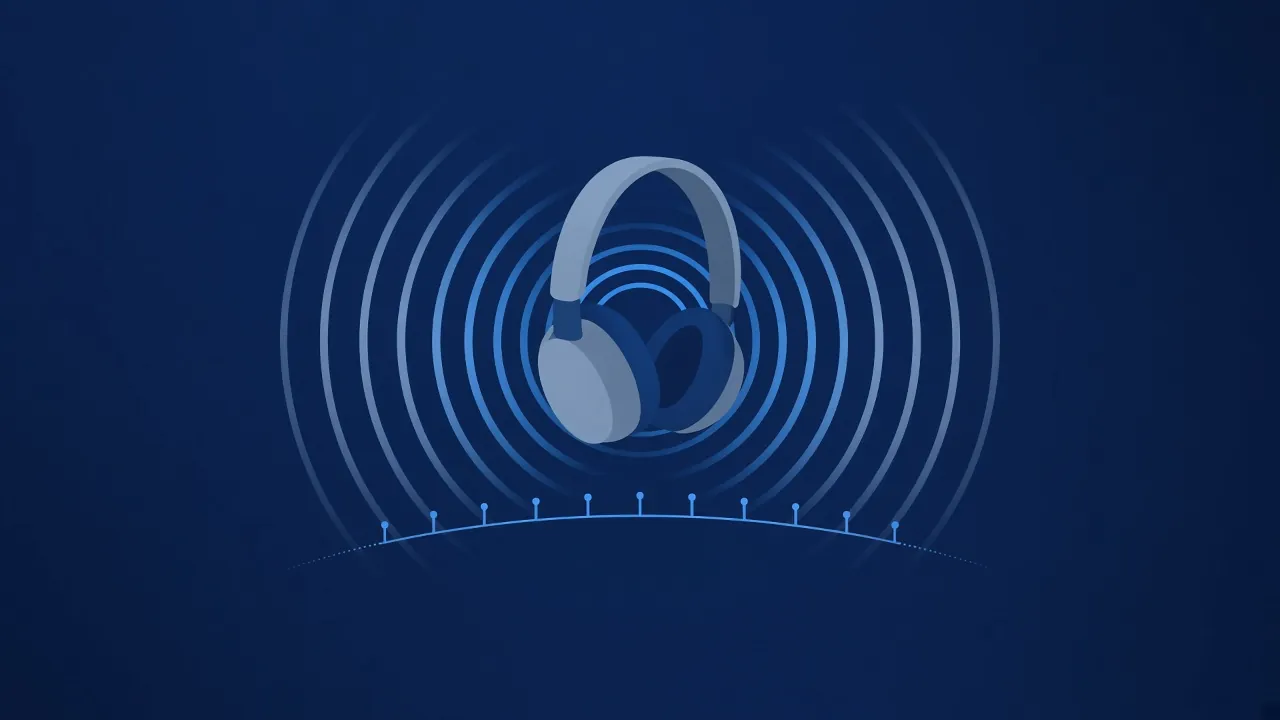 Ilustración plana de unos auriculares de diadema rodeados de ondas concéntricas sobre fondo azul marino.